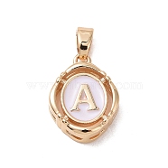 304 Stainless Steel Enamel Pendants, Oval with Letter, Golden, White, Letter.A, 15.5x11.5x4mm, Hole: 4.5x2.5mm(STAS-H174-03A)