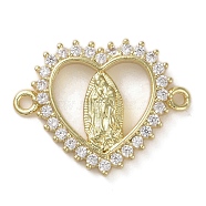 Religion Brass Micro Pave Clear Cubic Zirconia Connector Charms, Virgin Mary Links, Real 16K Gold Plated, Heart, 16x21x2.5mm, Hole: 1.4mm(KK-H466-10G-01)