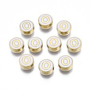 Alloy Enamel Beads, Cadmium Free & Lead Free, Light Gold, Flat Round with Alphabet, White, Letter.O, 8x4mm, Hole: 1.5mm(ENAM-N052-006-01O-RS)