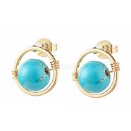 Synthetic Turquoise Round Beads Stud Earrings for Girl Women, Wire Wrap Brass Earring, Golden, 12.5x12mm, Pin: 0.7mm(EJEW-JE04666-05)