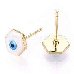 Enamel Hexagon with Evil Eye Stud Earrings, Real 18K Gold Plated Brass Jewelry for Women, White, 8x9mm, Pin: 0.8mm(EJEW-E274-03G-03)