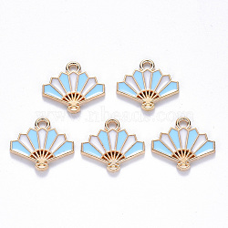 Chinese Style Alloy Enamel Pendants, Fan, Light Gold, Light Sky Blue, 15x17x1.5mm, Hole: 1.6mm(ENAM-N054-026A)