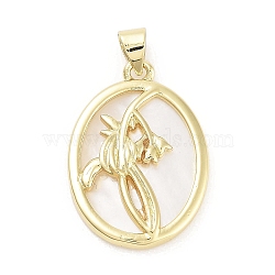 Rack Plating Brass Pave Shell Pendants, Oval with Flower Charms, Long-Lasting Plated, Lead Free & Cadmium Free, Real 18K Gold Plated, 25x17.5x3mm, Hole: 5x3.5mm(KK-Z064-28G-04)