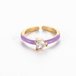 Brass Enamel Cuff Rings, Open Rings, Solitaire Rings, with Clear Cubic Zirconia, Nickel Free, Heart, Golden, Dark Orchid, US Size 7(17.3mm)(RJEW-T016-31C-NF)
