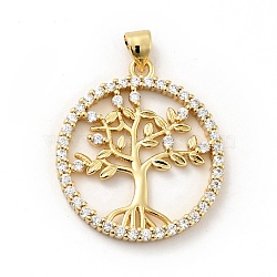 Rack Plating Brass Micro Pave Cubic Zirconia Pendants, Long-Lasting Plated, Lead Free & Cadmium Free, Round Ring with Tree of Life, Real 18K Gold Plated, 28.5x25x2.5mm, Hole: 3.5x4mm(ZIRC-F129-39G)