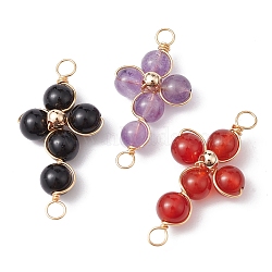 Natural Mixed Gemstone Connector Charms, Eco-Friendly Light Gold Plated Copper Wire Wrapped Cross Links, 28.5x17x8mm, Hole: 3mm(PALLOY-JF02228)