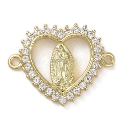 Religion Brass Micro Pave Clear Cubic Zirconia Connector Charms, Virgin Mary Links, Real 16K Gold Plated, Heart, 16x21x2.5mm, Hole: 1.4mm(KK-H466-10G-01)