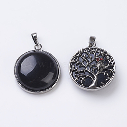 Natural Dyed & Heated Black Agate Pendants, Flat Round, Antique Silver, 31.5x27x9mm, Hole: 5x8mm(G-E436-02E)