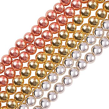 3 Strands 3 Colors Electroplate Non-magnetic Synthetic Hematite Beads Strands, Round, with Elastic Crystal Thread, Mixed Color, 10x9mm, Hole: 1~1.5mm, about 41pcs/strand, 15.4 inch, 1 strand/color