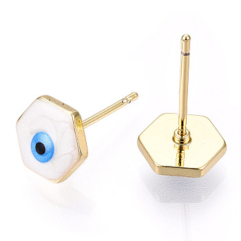 Enamel Hexagon with Evil Eye Stud Earrings, Real 18K Gold Plated Brass Jewelry for Women, White, 8x9mm, Pin: 0.8mm