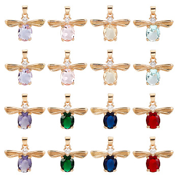 AHADERMAKER 16Pcs 8 Colors Glass Pendants, with Micro Pave Cubic Zirconia and Brass Open Back Settings, Faceted, Light Gold, Bee, Mixed Color, 17x23x6mm, Hole: 2mm, 2pcs/colors