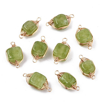 Natural Agate Links Connectors, Light Gold Tone Brass Wire Wrapped, Cube, Light Green, 17x8.5x7mm, Hole: 1.6mm