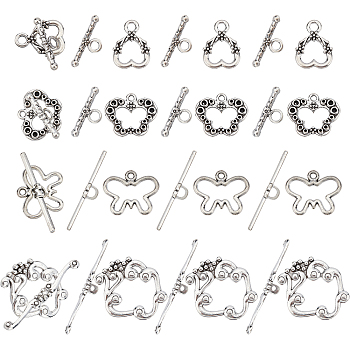 32Sets 4 Style Tibetan Style Alloy Toggle Clasps, Cadmium Free & Lead Free, Mixed Shapes, Antique Silver, 16.5~24x14~27mm, 8sets/style