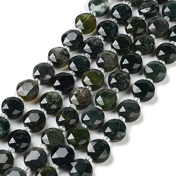 Natural Moss Agate Beads Strands, Faceted Hexagonal Cut, Flat Round, with Seed Beads, 10.5x5.5mm, Hole: 1.1mm, about 30pcs/strand, 14.96''(38cm)