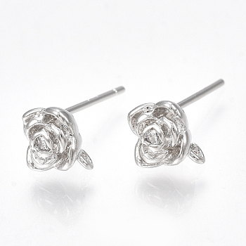 Brass Cubic Zirconia Stud Earring Findings, with Loop, Flower, Clear, Nickel Free, Real Platinum Plated, 6.5x6.5mm, Hole: 0.5mm, Pin: 0.7mm