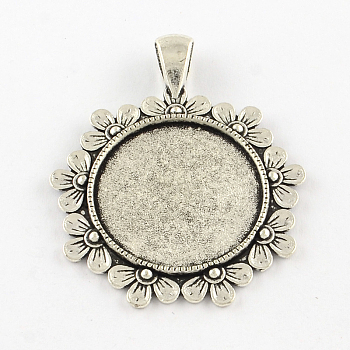 Tibetan Style Flower Alloy Pendant Cabochon Settings, Cadmium Free & Lead Free, Antique Silver, Tray: 25mm, 47x38x2.5mm, Hole: 6x4mm