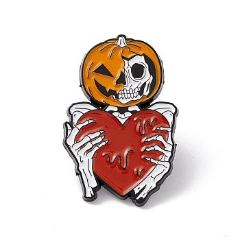 Pumpkin Skeleton with Heart Enamel Pin, Halloween Alloy Badge for Backpack Clothes, Electrophoresis Black, Colorful, 30x20x1.5mm, Pin: 1mm