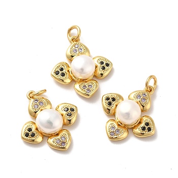 Rack Plating Brass Micro Pave Cubic Zirconia Pendants, with Pearl Beads and Jump Rings, Clover, Golden, 18.5x16.5x6mm, Hole: 3mm