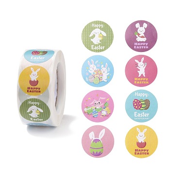 8 Patterns Easter Theme Self Adhesive Paper Sticker Rolls, with Rabbit Pattern, Round Sticker Labels, Gift Tag Stickers, Mixed Color, Rabbit Pattern, 25x0.1mm, 500pcs/roll