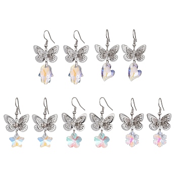 Filigree 3D Butterfly Platinum Brass Dangle Earrings, Glass Drop Earrings, Mixed Shapes, 43~50x23mm