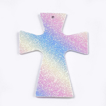 PU Leather Big Pendants, with Sequins, Cross, Colorful, 58x39.5x1mm, Hole: 1.2mm