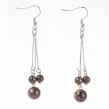 Natural Tiger Eye Dangle Earrings, with 304 Stainless Steel Earring Hooks and Iron Eye Pins, Round, 77~78mm, Pendant: 57~58mm, Pin: 0.6mm