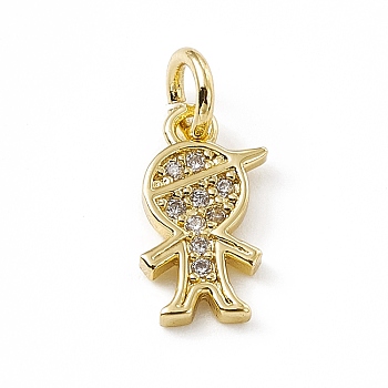 Brass Micro Pave Clear Cubic Zirconia Boy Charms, with Open Jump Rings, Real 18K Gold Plated, 12.5x7x1.5mm, Jump Ring: 4.5x0.7mm, Inner Diameter: 3mm 