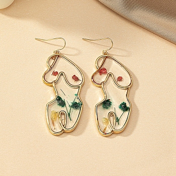 Resin with Dried Flower Dangle Earrings for Women, Alloy Long Drop Earrings, Woman Body Shape, Golden, 70x25mm