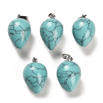 Synthetic Turquoise Dyed Pendants, with Platinum Plated Iron Snap on Bails, Teardrop, 24~25x15~16mm, Hole: 7x3.5mm