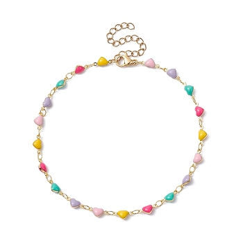 Brass Enamel Heart Link Chain Anklet, with Ion Plating(IP) 304 Stainless Steel Chains, Colorful, 9-1/8 inch(23.3cm)