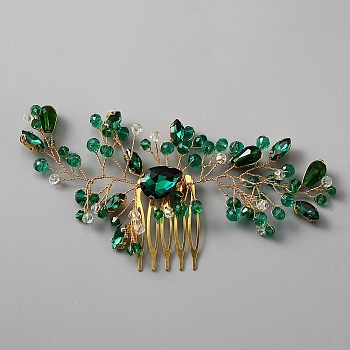 Bridal Wedding Alloy Rhinestones Hair Combs, with Acrylic Beads, Hair Accessories for Woman Girl, Emerald, 61.5x130x11mm