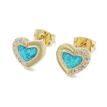 Real 18K Gold Plated Brass Micro Pave Cubic Zirconia Stud Earrings, Synthetic Opal Earrings, Cadmium Free & Lead Free, Long-Lasting Plated, Heart, 8.5x10mm