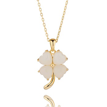 Natural Hetian White Jade Clover Pendant Necklace, 925 Sterling Silver Jewelry for Women, Golden, 15.75 inch(40cm)