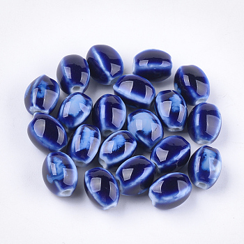 Handmade Porcelain Beads, Fancy Antique Glazed Porcelain, Oval, Blue, 12~14x9~10.5x9~11mm, Hole: 2.5mm