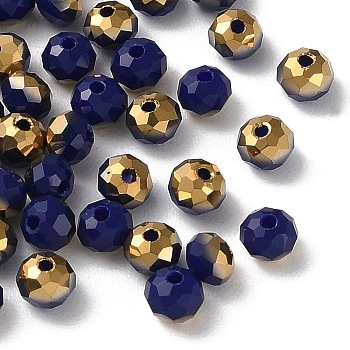 Transparent Electroplate Glass Beads, Half Golden Plated, Faceted, Rondelle, Prussian Blue, 4.3x3.7mm, Hole: 1mm, 500pcs/bag