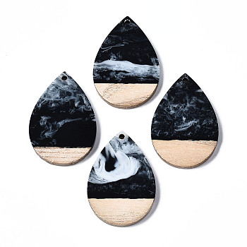 Opaque Resin & Walnut Wood Pendants, Two Tone, Teardrop, Black, 36.5x24.5x3mm, Hole: 2mm