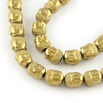 Electroplated Non-magnetic Synthetic Hematite Beads Strands, Buddha Head, Golden Plated, 10x9x7mm, Hole: 1mm, about 40pcs/strand, 15.7 inch