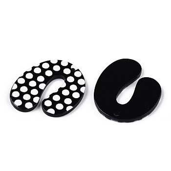 Opaque Acrylic Pendants, Black & White, Arch Shape with Polka Dot Pattern, Black, 33x28.5x2.7mm, Hole: 1.5mm