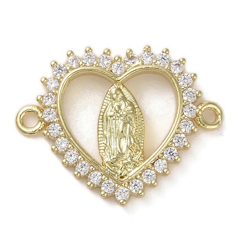 Religion Brass Micro Pave Clear Cubic Zirconia Connector Charms, Virgin Mary Links, Real 16K Gold Plated, Heart, 16x21x2.5mm, Hole: 1.4mm