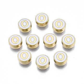 Alloy Enamel Beads, Cadmium Free & Lead Free, Light Gold, Flat Round with Alphabet, White, Letter.O, 8x4mm, Hole: 1.5mm