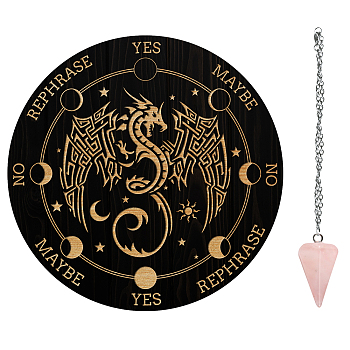 AHADEMAKER 1Pc Cone/Spike/Pendulum Natural Rose Quartz Stone Pendants, 1Pc 304 Stainless Steel Cable Chain Necklaces, 1Pc PVC Custom Pendulum Board, Dowsing Divination Board, Dragon Pattern, Board: 200x4mm