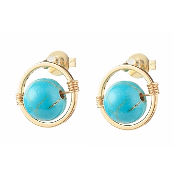 Synthetic Turquoise Round Beads Stud Earrings for Girl Women, Wire Wrap Brass Earring, Golden, 12.5x12mm, Pin: 0.7mm