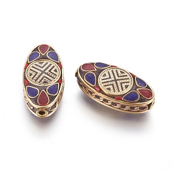 Handmade Indonesia Beads, with Brass Findings, Nickel Free, Unplated, Oval, Dark Blue, 29x14x9mm, Hole: 2mm