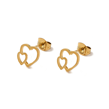 PVD Vacuum Plating 304 Stainless Steel Stud Earrings, Hollow Heart, Golden, 8x9.5mm