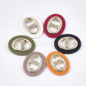 Opaque Acrylic Pendants, with Alloy Findings, Oval with Word Fashon, Light Gold, Mixed Color, 30x24x4mm, Hole: 1.8mm(MACR-T031-03-M)