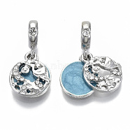 Alloy European Dangle Charms, with Crystal Rhinestone and Enamel, Large Hole Pendants, Flat Round with Word Twinkle Twinkle Little Star Do You Know How Loved You Are, Platinum, Deep Sky Blue, 26mm, Hole: 5mm, Flat Round: 16x13x2mm(MPDL-N039-009)
