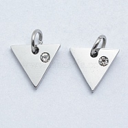 316 Surgical Stainless Steel Pendants, with Cubic Zirconia, Triangle, Clear, Stainless Steel Color, 9.5x10.5x2mm, Hole: 3mm(STAS-K178-07P)