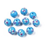 Opaque Printed Acrylic Beads, Round with Flower, Deep Sky Blue, 9x9.5mm, Hole: 1.8mm(MACR-T043-03F)