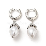 ABS Imitation Pearls Drop Dangle Hoop Earrings with Clear Cubic Zirconia, Rack Plating Brass Jewelry for Women, Platinum, 38.5mm, Pin: 0.8mm(EJEW-F288-02P)