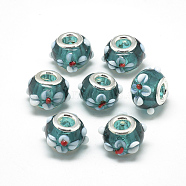 Handmade Lampwork European Beads, Bumpy Lampwork, with Platinum Brass Double Cores, Large Hole Beads, Rondelle with Flower, Teal, 16x14x10.5mm, Hole: 5mm(X-LAMP-Q029-03H)